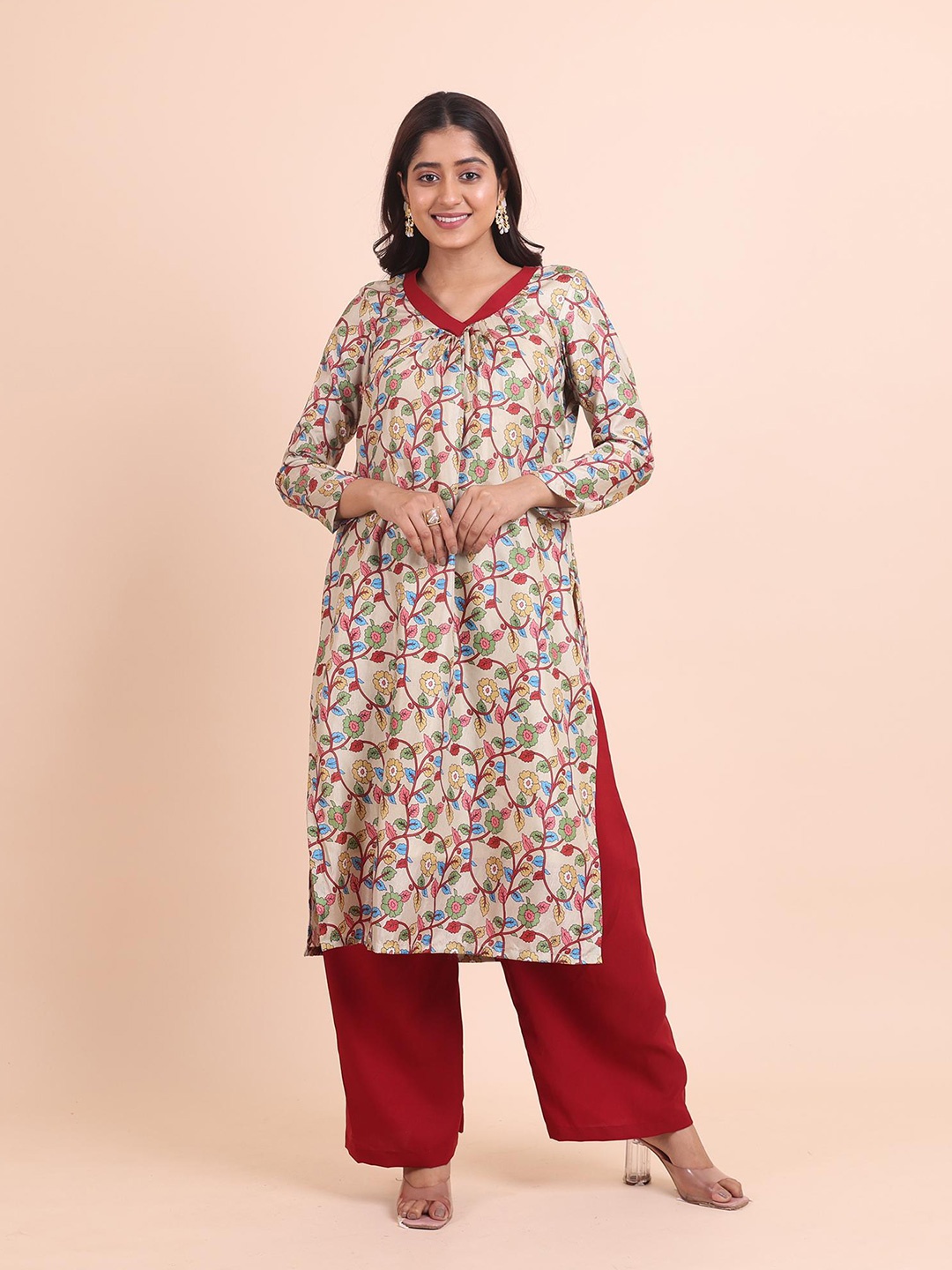 

Disli V-Neck Regular Kurta with Palazzo, Cream