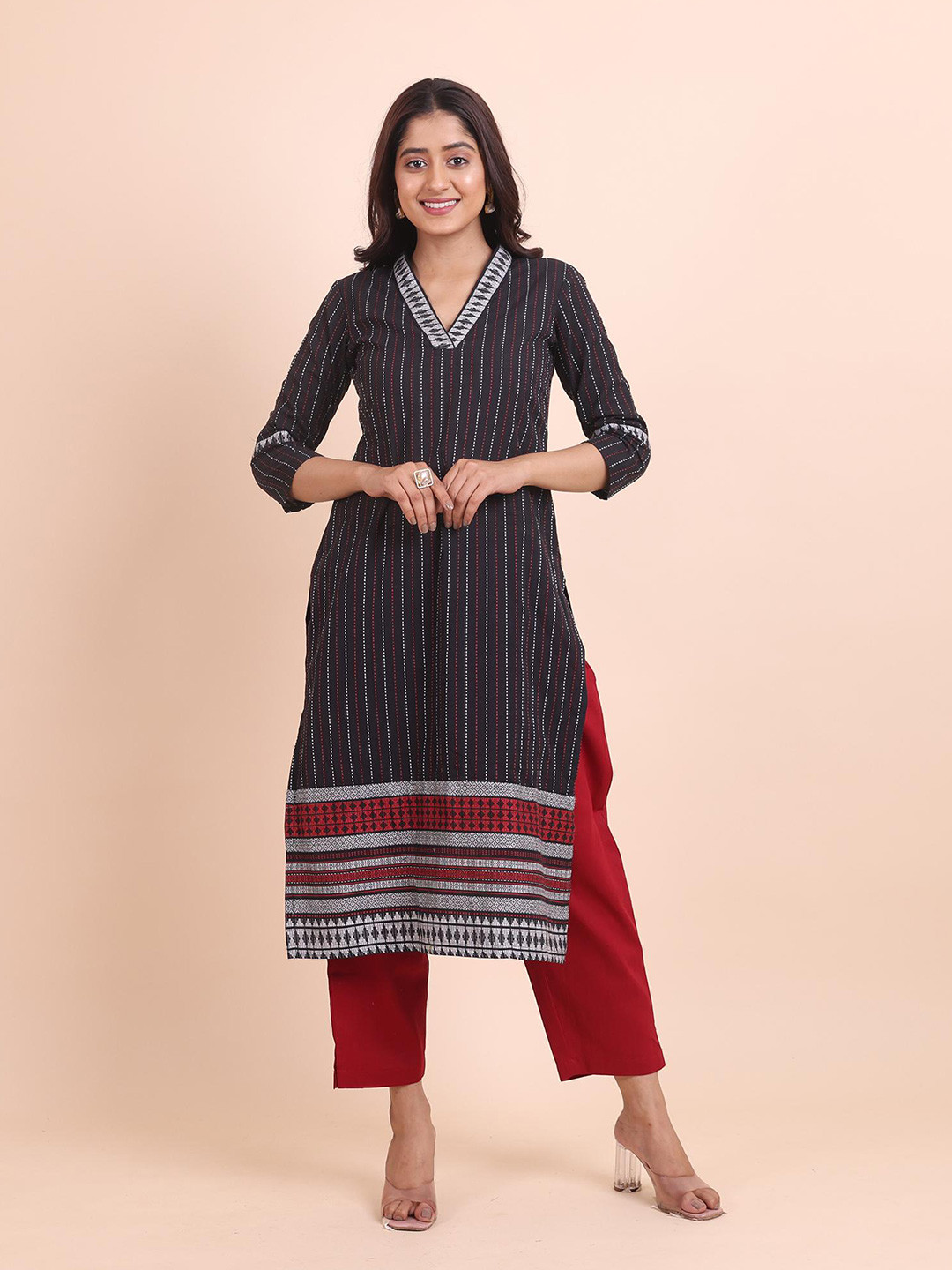 

Disli V-Neck Regular Striped Pure Cotton Straight Kurta with Palazzo, Black