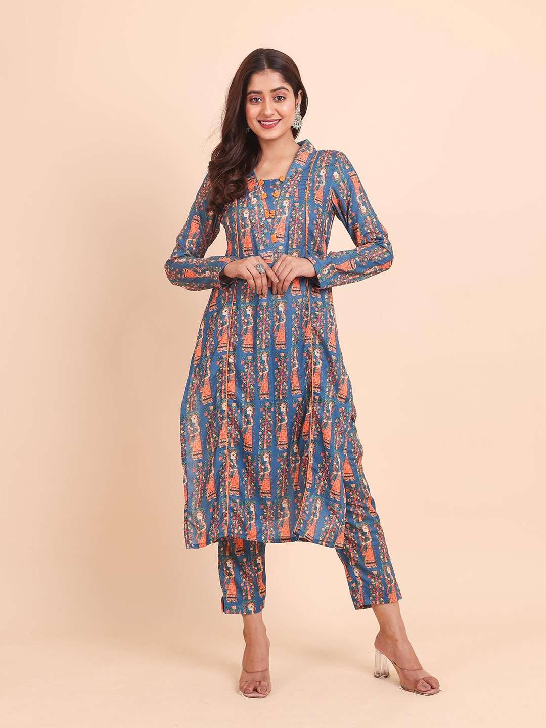 

Disli V-Neck Regular Tribal Printed Straight Pure Cotton Kurta with Trouser, Blue
