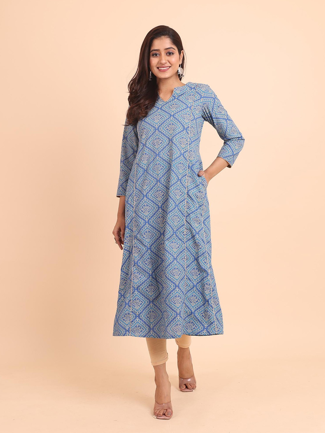 

Disli V-Neck Regular A-Line Pure Cotton Kurta, Blue
