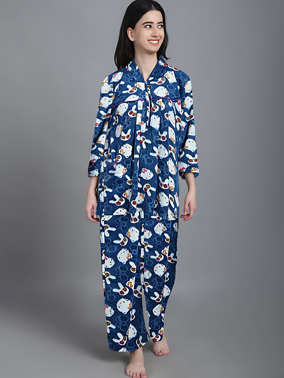 

Shararat Graphic Printed V-Neck Pure Wool Top With Pyjamas, Blue