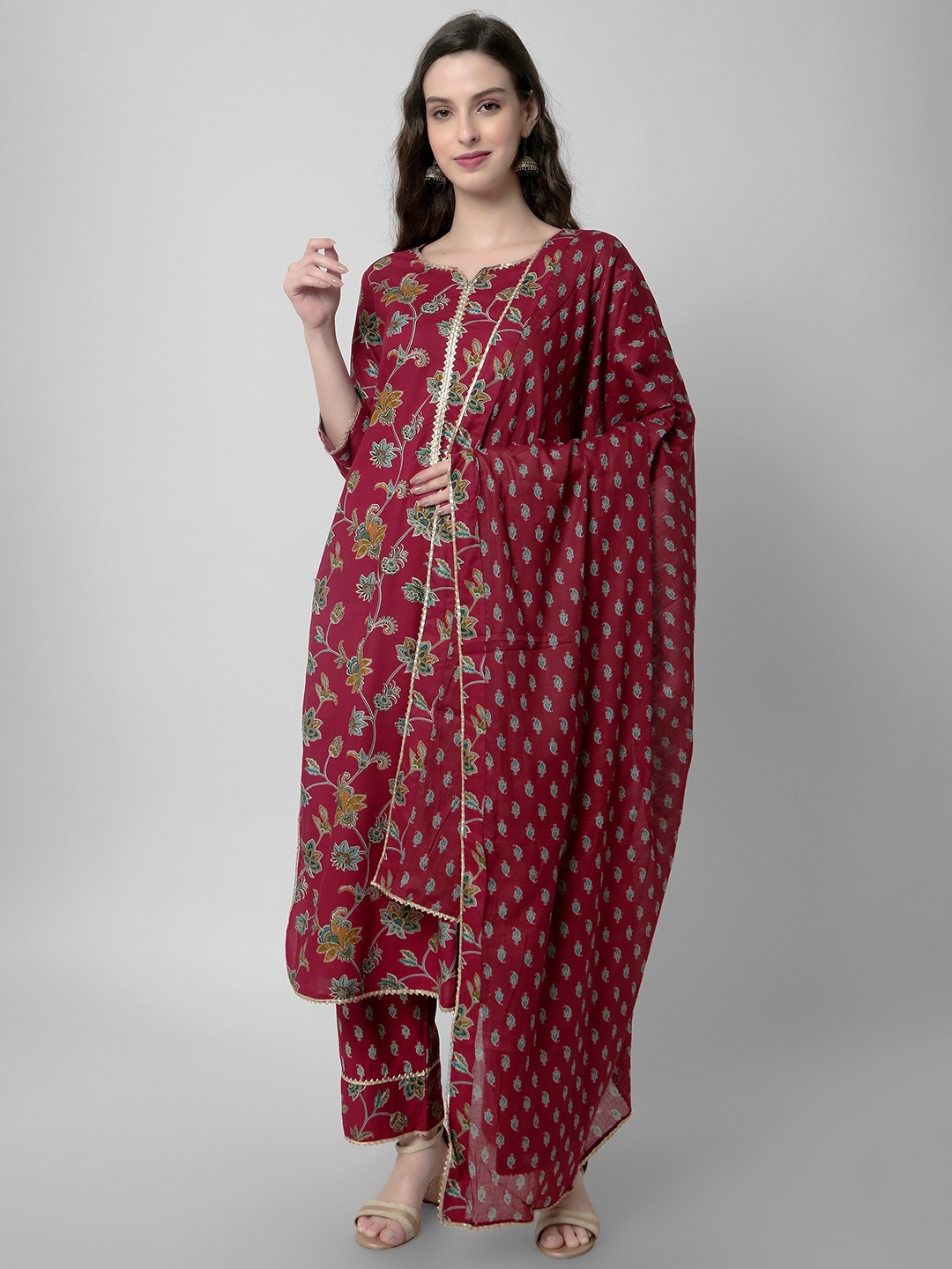 

Arayna Floral Printed Regular Kurta with Palazzos & Dupatta, Maroon