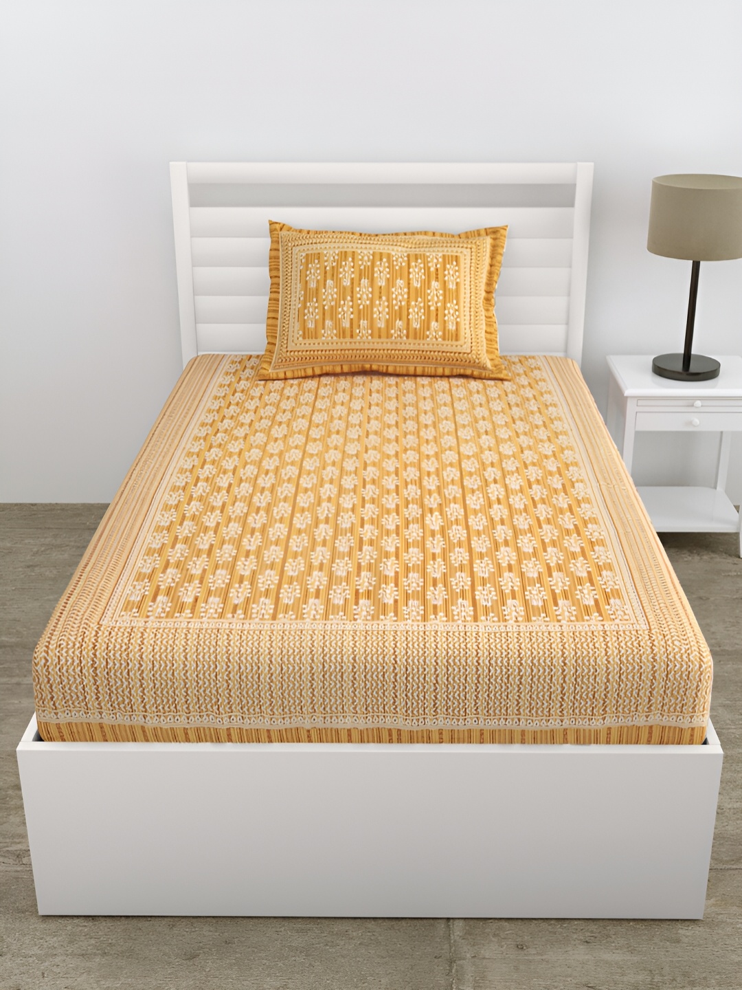

DOLLIFI Yellow Floral Cotton 180 TC Single Bedsheet with 1 Pillow Cover
