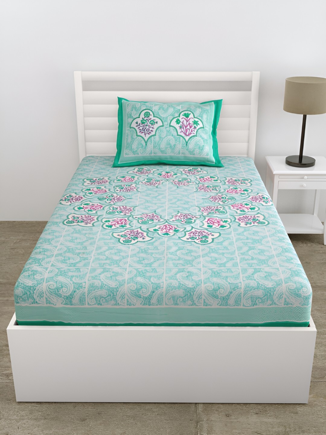 

DOLLIFI Green Floral Cotton 180 TC Single Bedsheet with 1 Pillow Cover