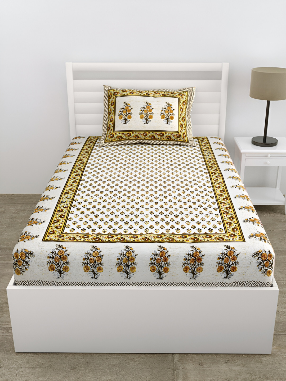 

DOLLIFI Yellow Floral Cotton 180 TC Single Bedsheet with 1 Pillow Cover