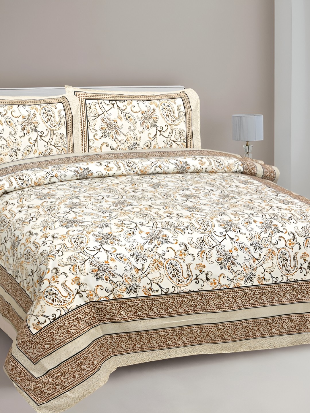 

FABROLI Beige & Brown Floral Printed 240 TC Cotton King Bedsheet with 2 Pillow Covers