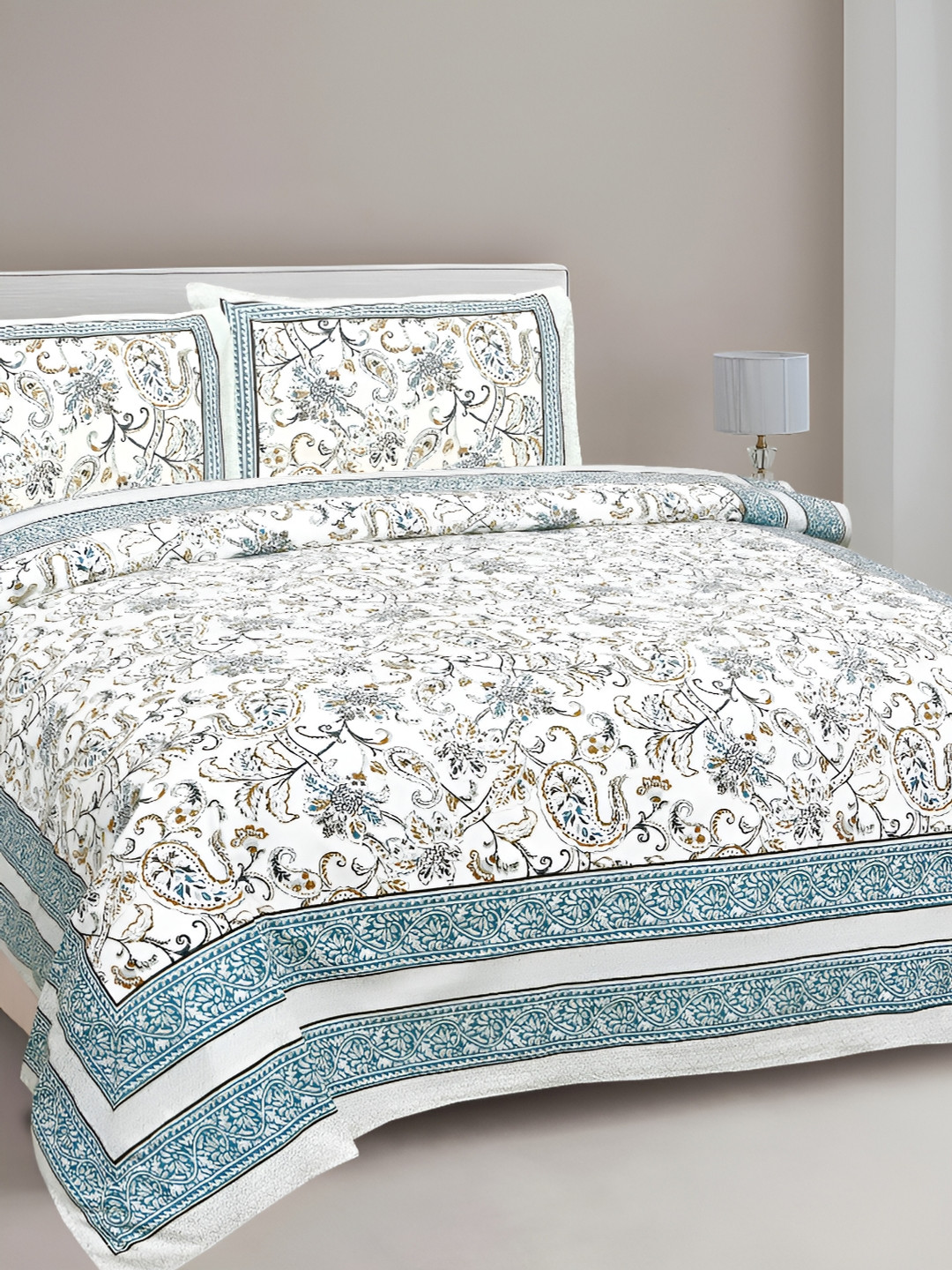 

FABROLI White & Blue Floral 240 TC Cotton King Bedsheet with 2 Pillow Covers 120 GSM