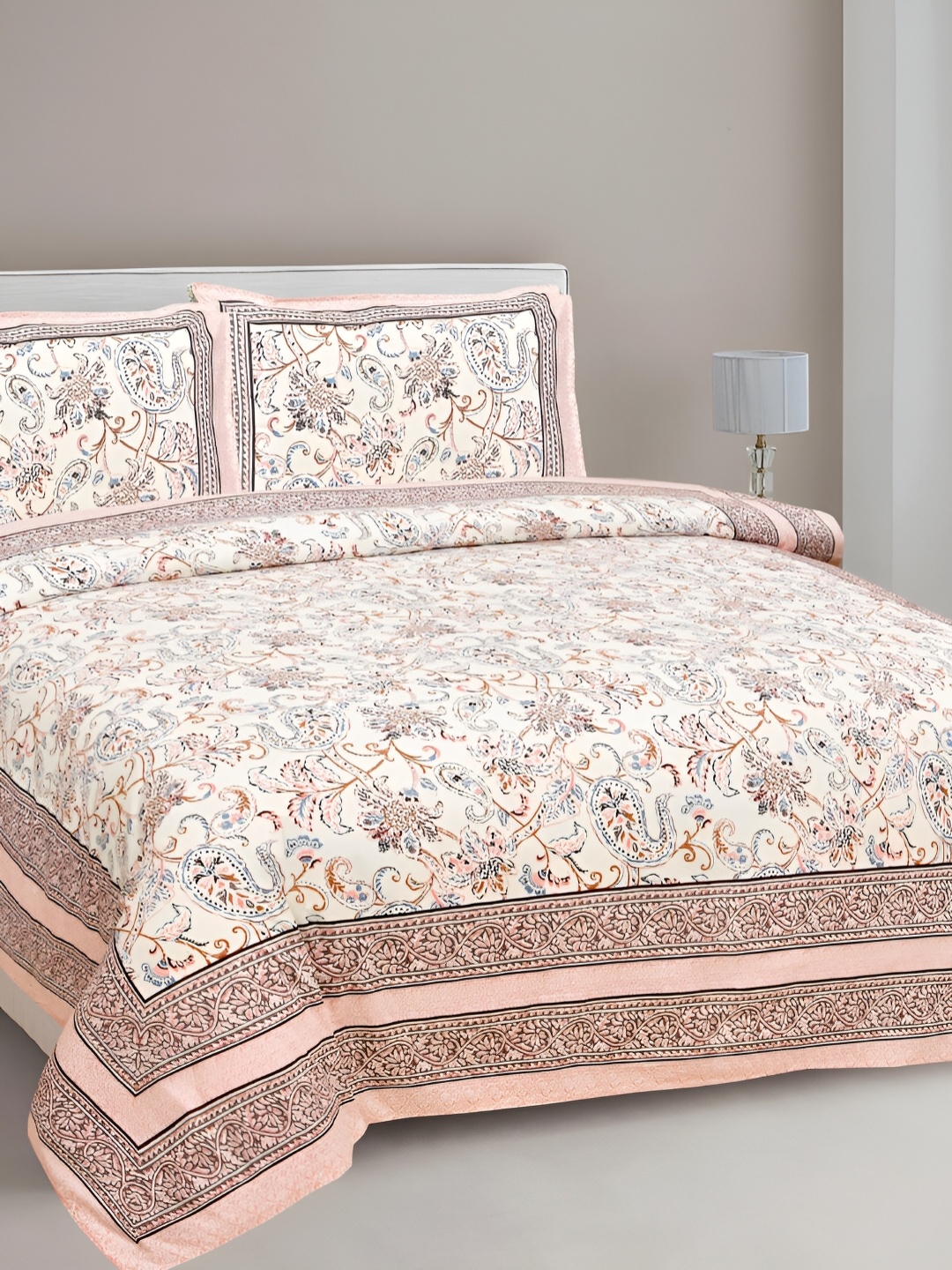 

FABROLI Pink Floral 240 TC Cotton King Bedsheet With 2 Pillow Covers