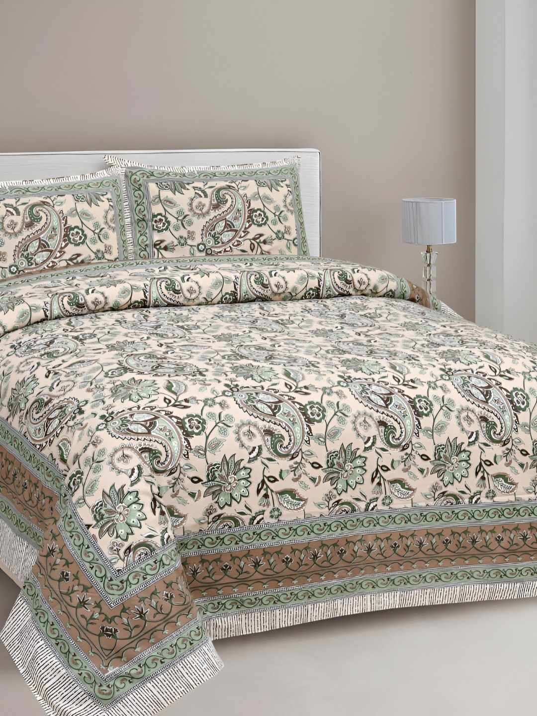 

FABROLI Green & Beige Floral Printed 240 TC Cotton King Bedsheet with 2 Pillow Covers