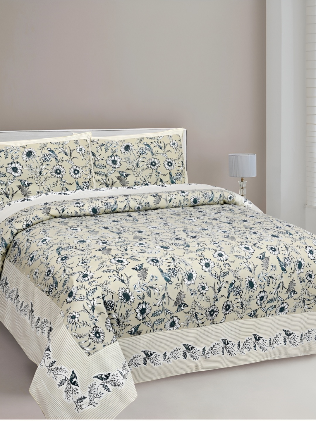 

FABROLI Beige & Green Floral Printed 240 TC Cotton King Bedsheet with 2 Pillow Covers
