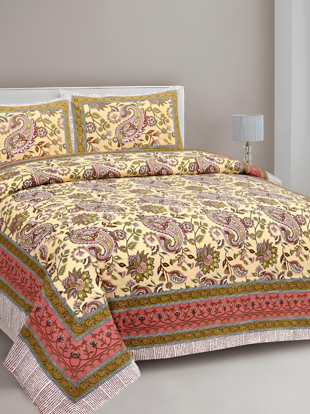 

FABROLI Red & White Floral Cotton King Bedsheet with 2 Pillow Covers