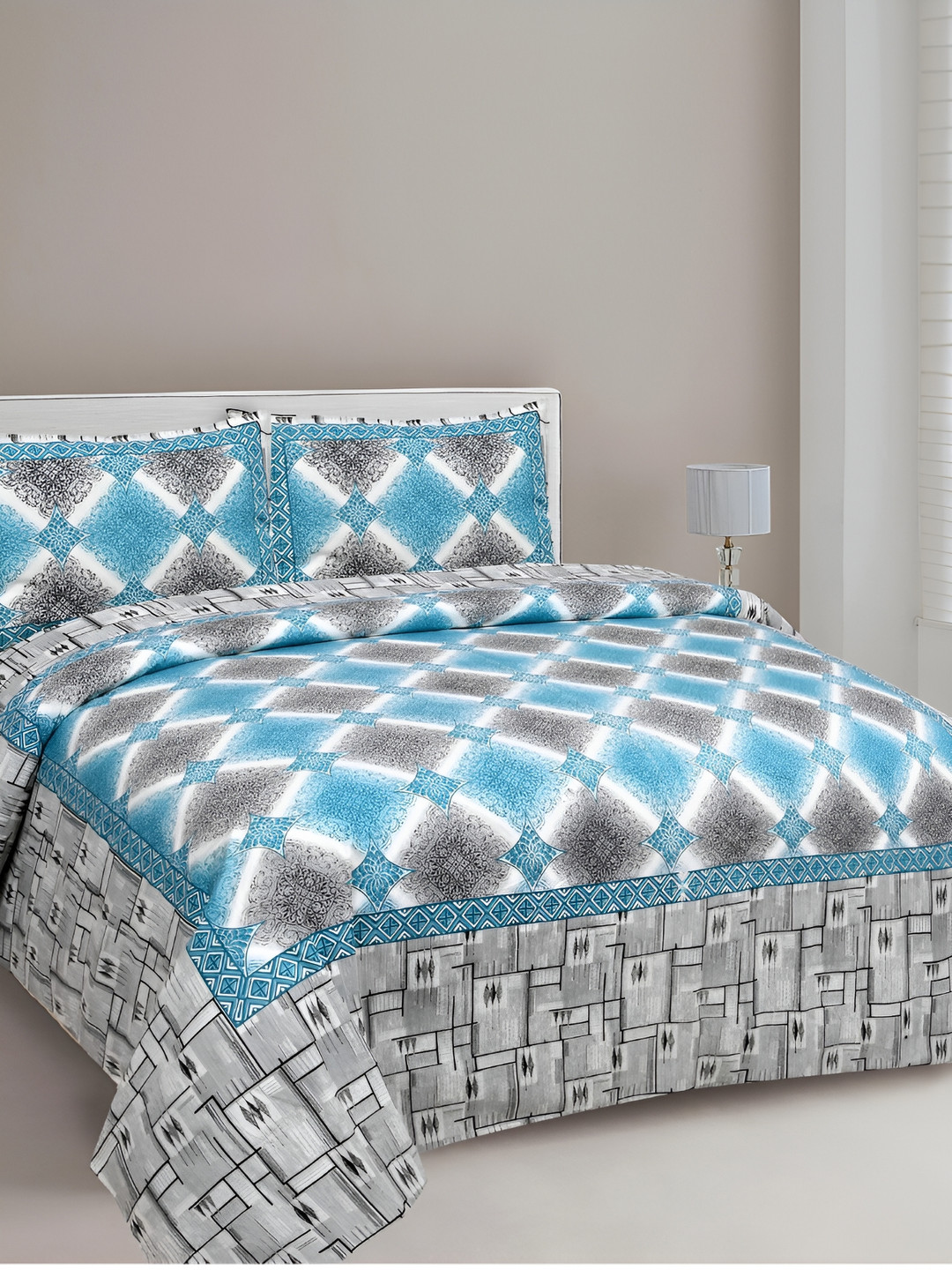 

FABROLI Blue Grey Ethnic Motifs 240 TC Cotton King Bedsheet With 2 Pillow Covers