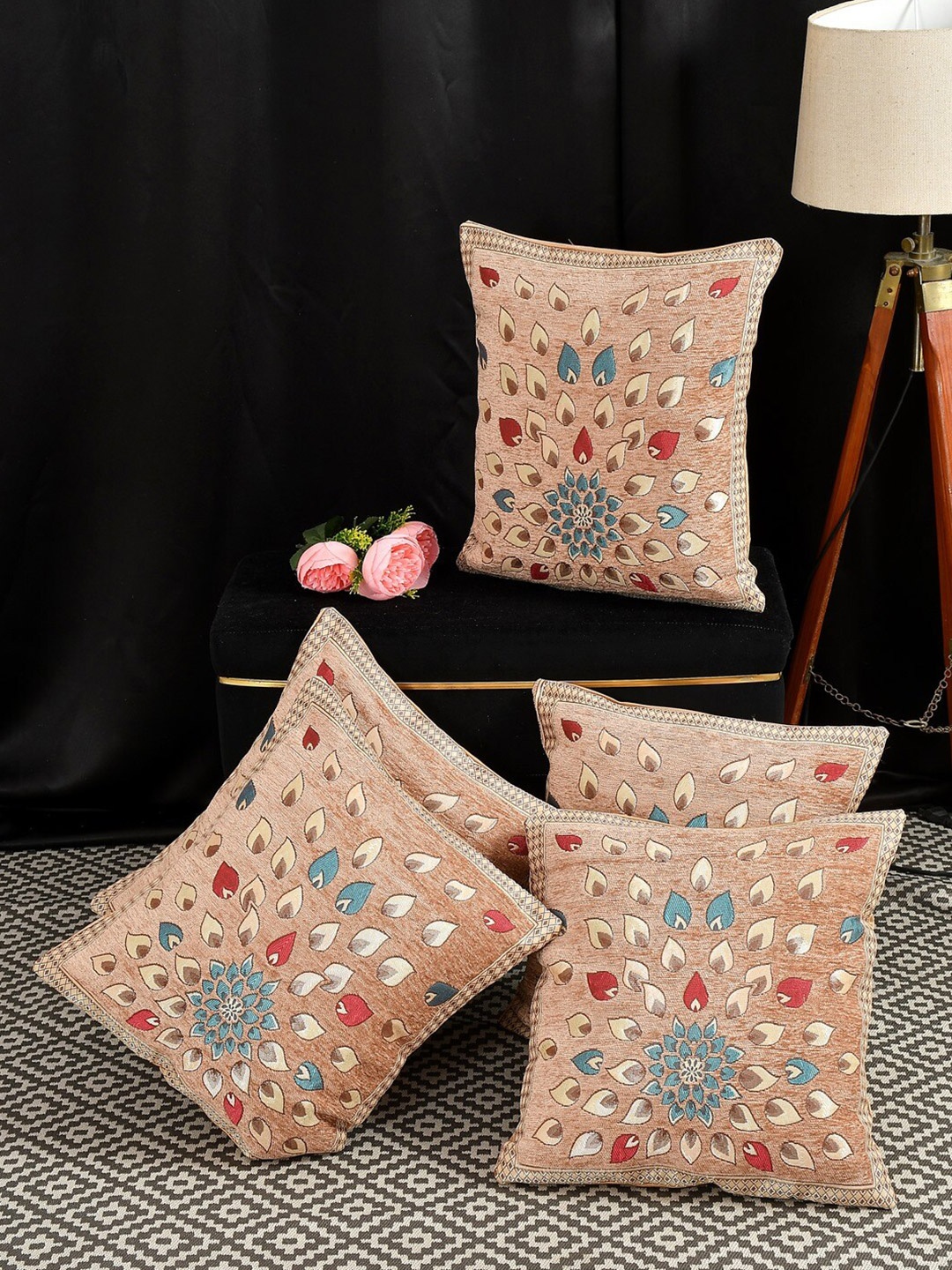 

Slushy Mushy Peach & Blue 5 Pieces Floral Embroidered Square Cushion Covers