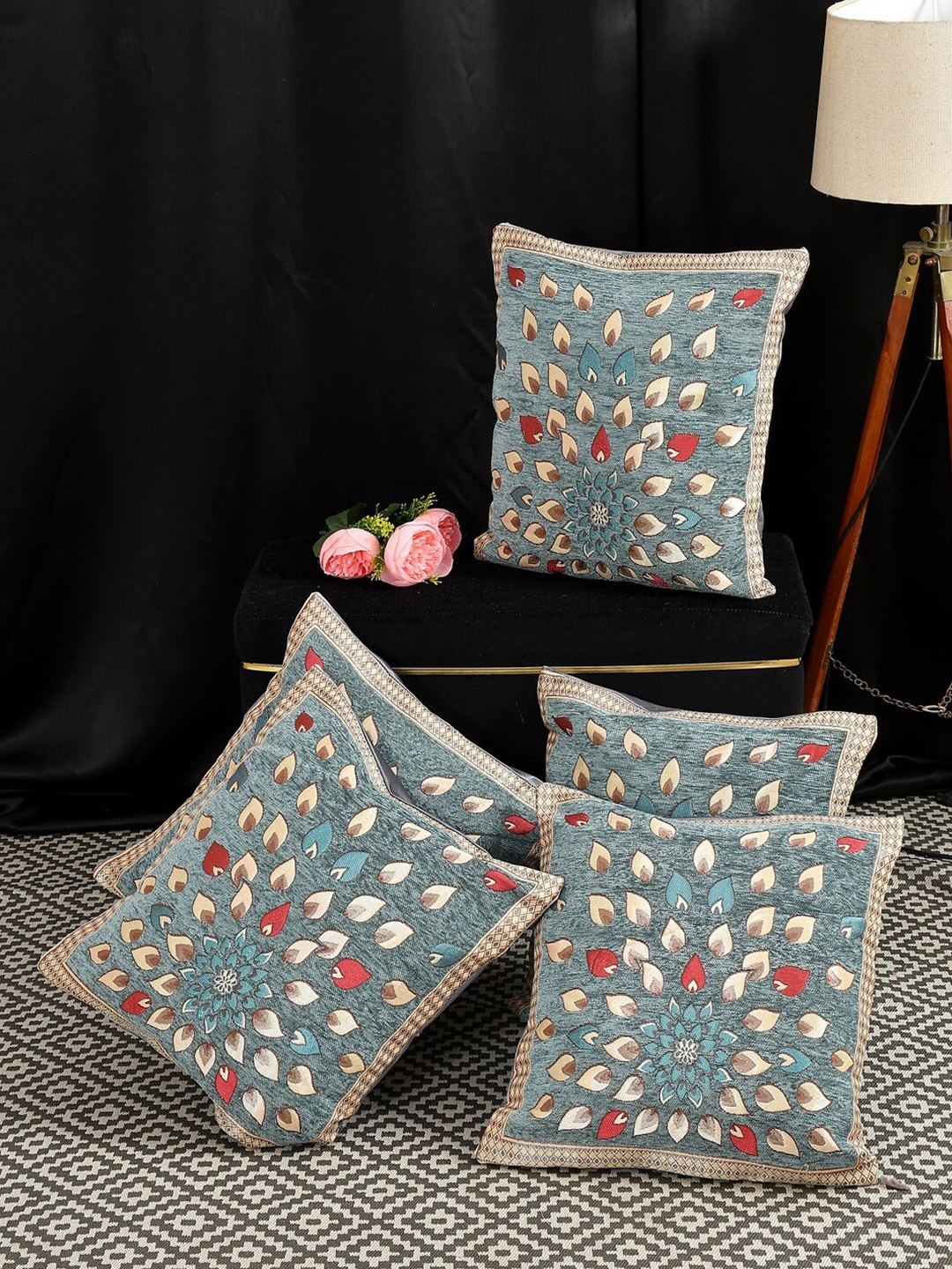 

Slushy Mushy Teal & Beige 5 Pieces Floral Embroidered Square Cushion Covers