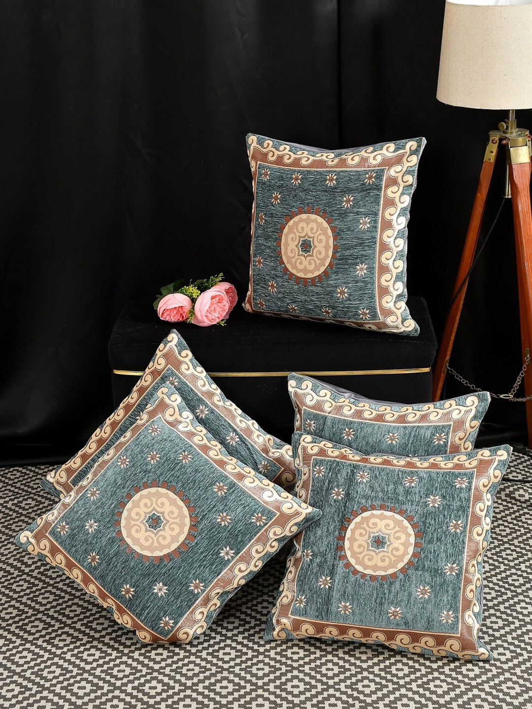 

Slushy Mushy Sea Green 5 Pieces Floral Square Cushion Covers