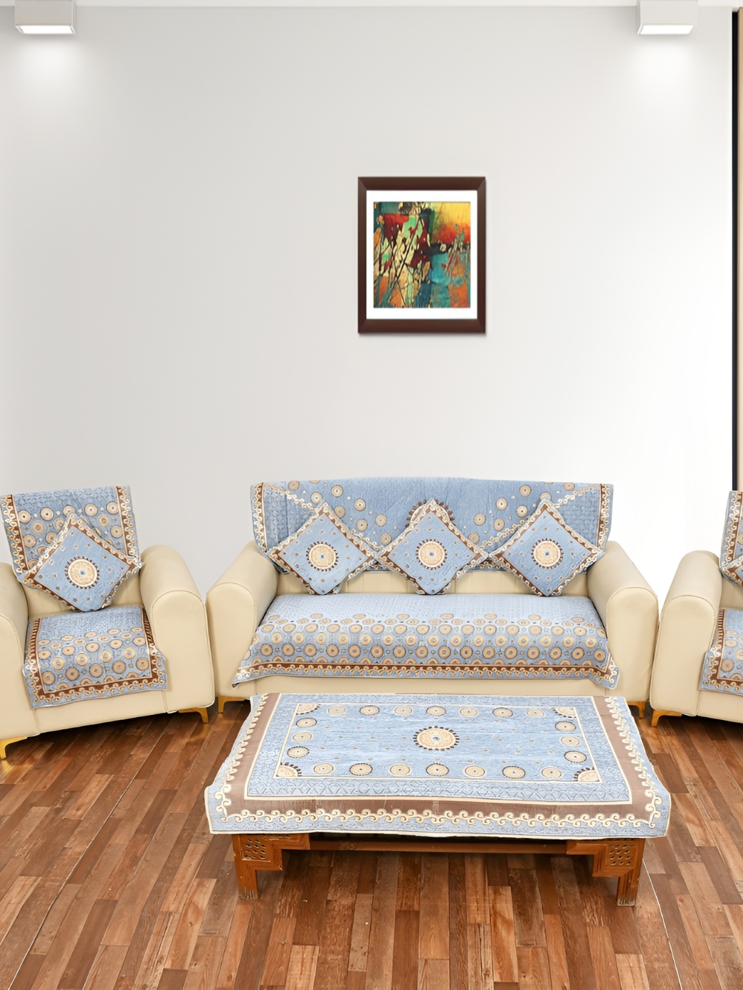 

Slushy Mushy Turquoise Blue 12 Pieces Jacquard Sofa Cover Set