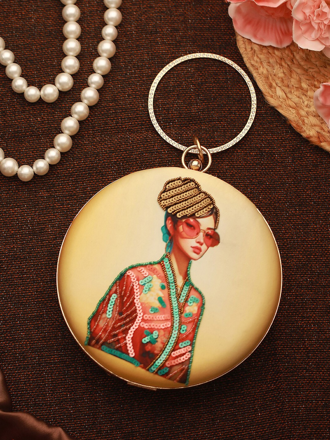 

Jazz and Sizzle Embroidered Sequined Round Clutch, Cream