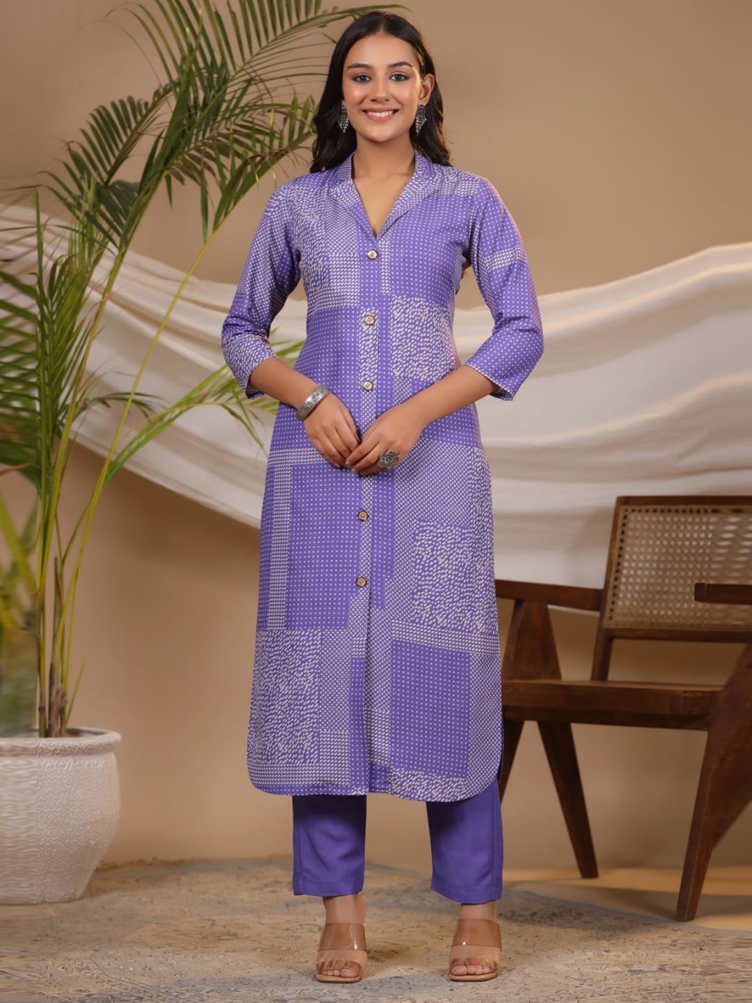 

KALINI Geometric Printed Lapel-Collar Straight Kurta with Trousers, Purple