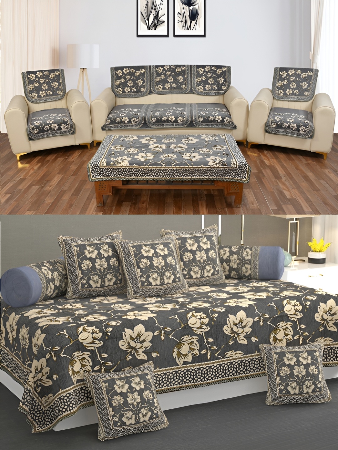 

Slushy Mushy Grey 15 Pieces Jacquard Sofa Cover Set