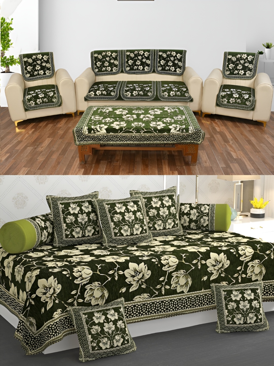 

Slushy Mushy Green 15 Pieces Jacquard Sofa Cover Set