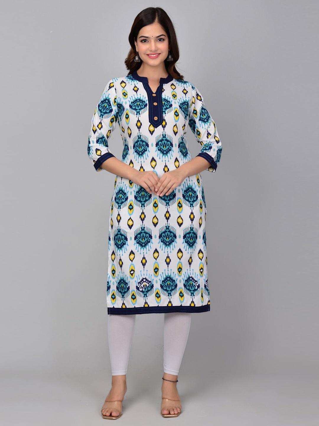 

MANKSH Ethnic Motifs Printed Regular Mandarin Collar Straight Kurta, Blue