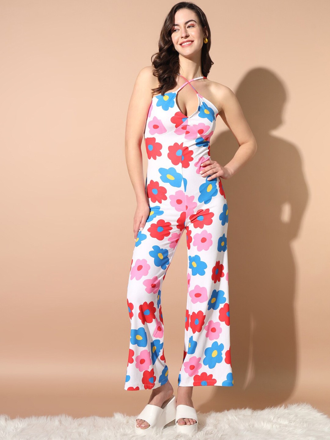 

BAESD Floral Printed Halter Neck Basic Jumpsuit, White