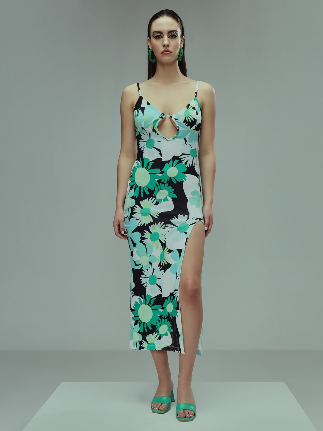 

BAESD Floral Printed Shoulder Straps Midi Sheath Casual Dress, Green
