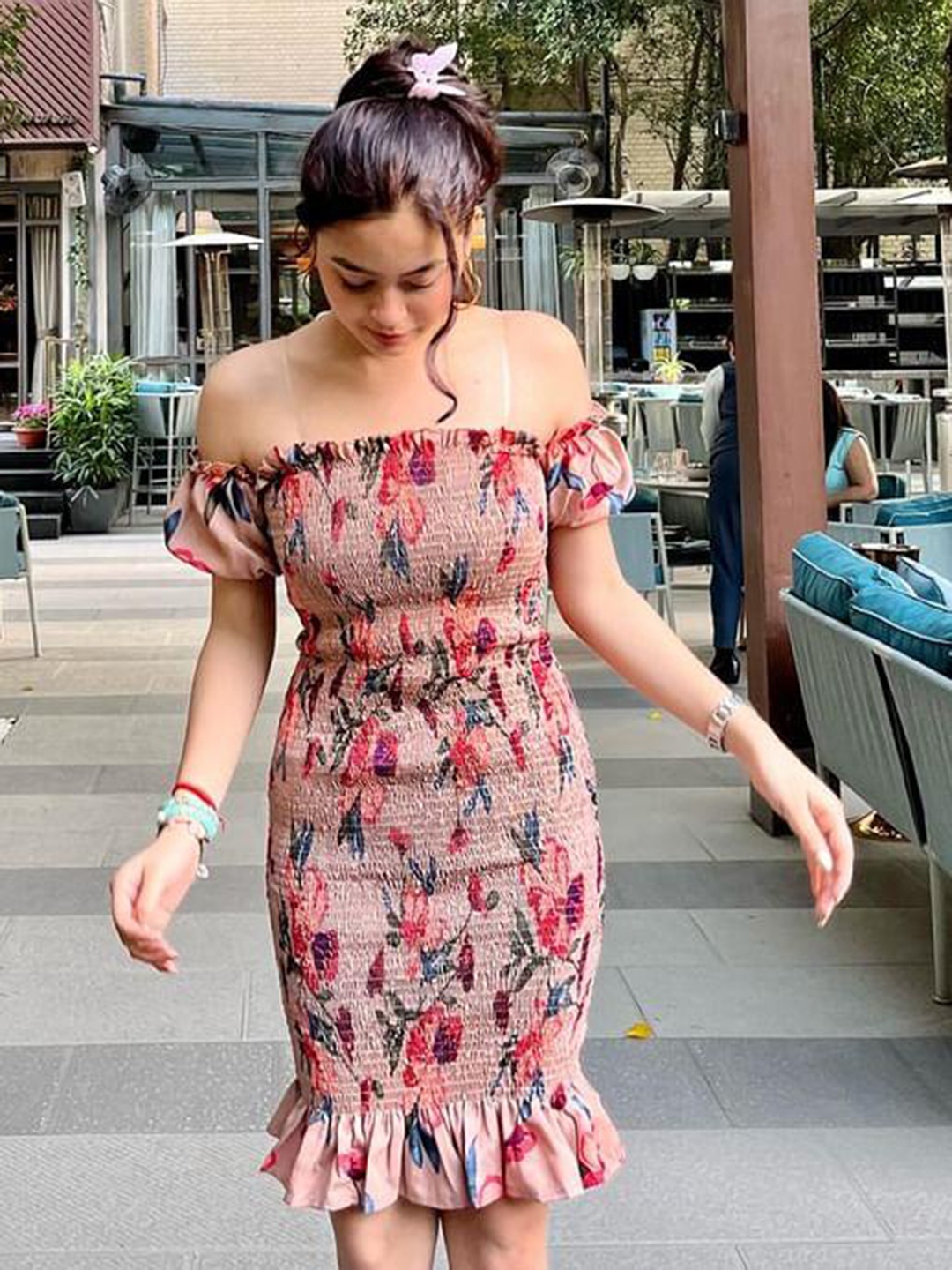 

BAESD Floral Printed Organic Cotton Smocked Off Shoulder Bodycon Dress, Peach