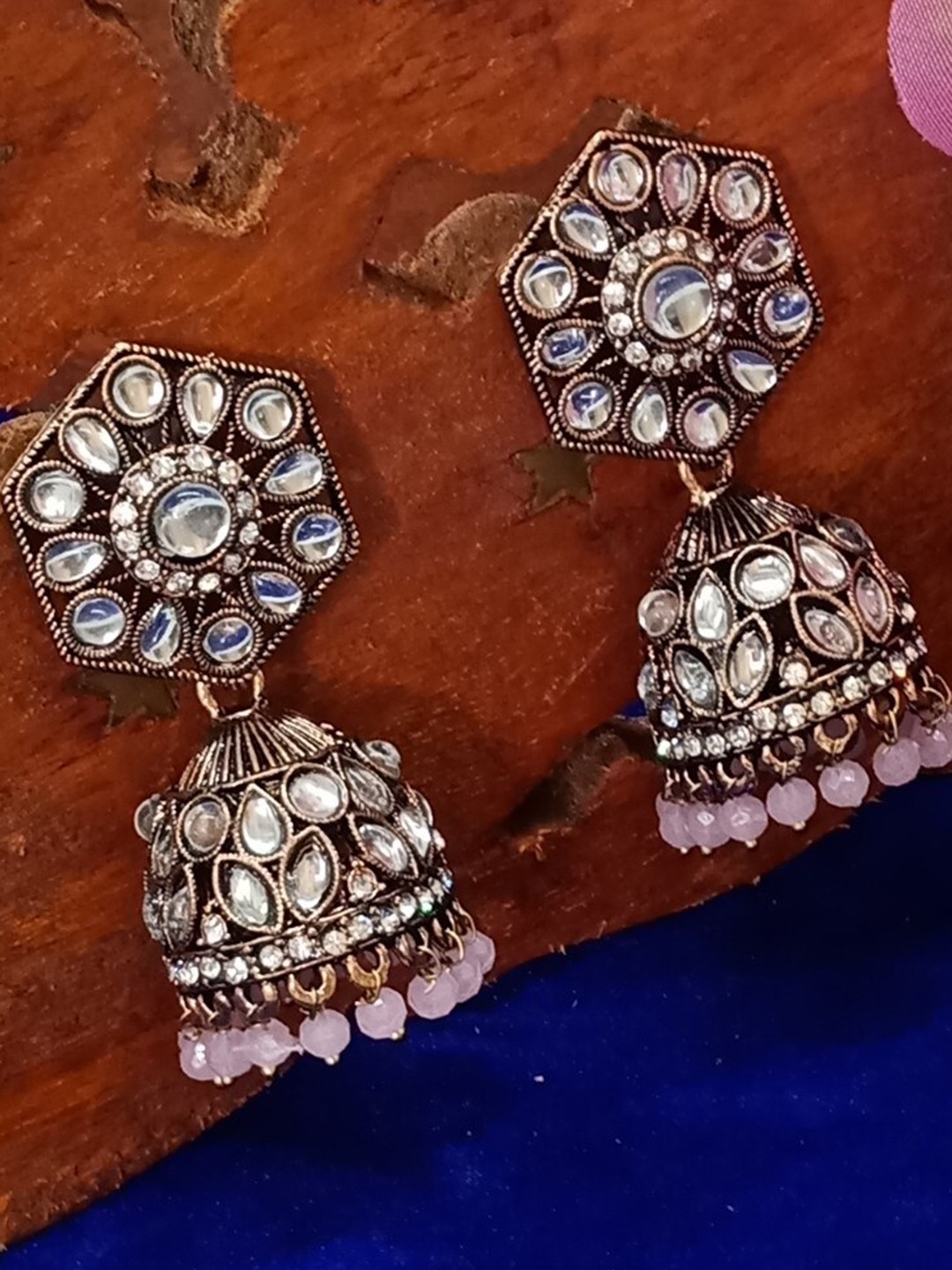 

AASHISH IMITATION Rose Gold Plated Oxidized Stone Studded Jhumkas