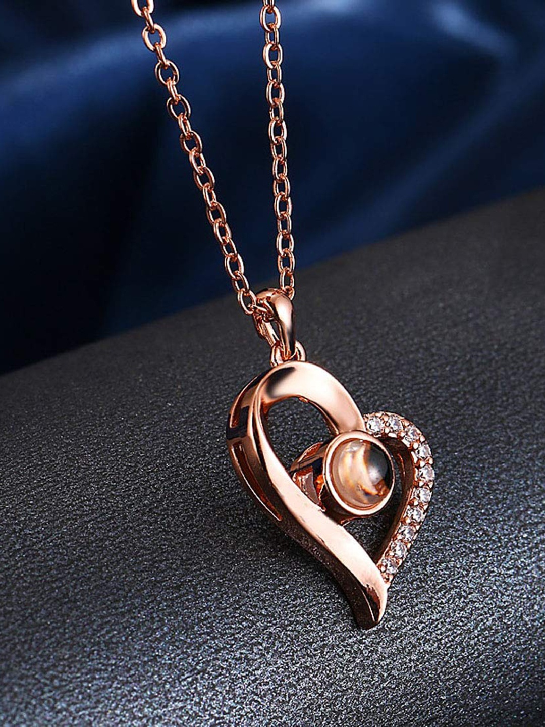 

Shining Diva Fashion Rose Gold-Plated Crystal-Studded Heart Shaped Pendant With Chain