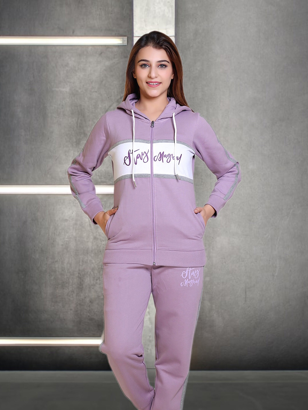 

WILD WEST Typography Printed Hooded Sweatshirt & Trackpant, Lavender