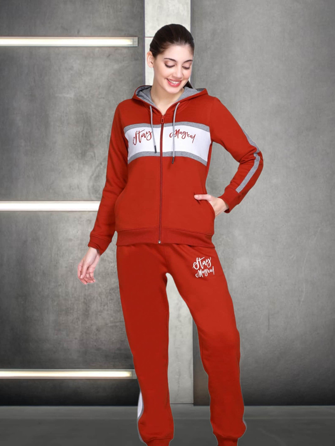 

WILD WEST Typography Printed Hooded Sweatshirt & Trackpant, Rust
