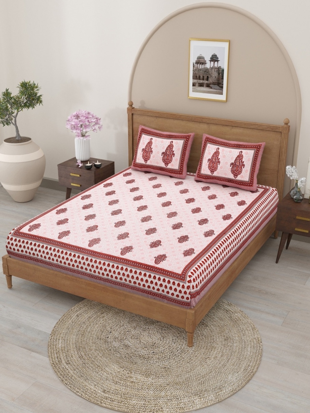 

Salona Bichona Pink Ethnic Motifs Cotton 120 TC Queen Bedsheet with 2 Pillow Covers
