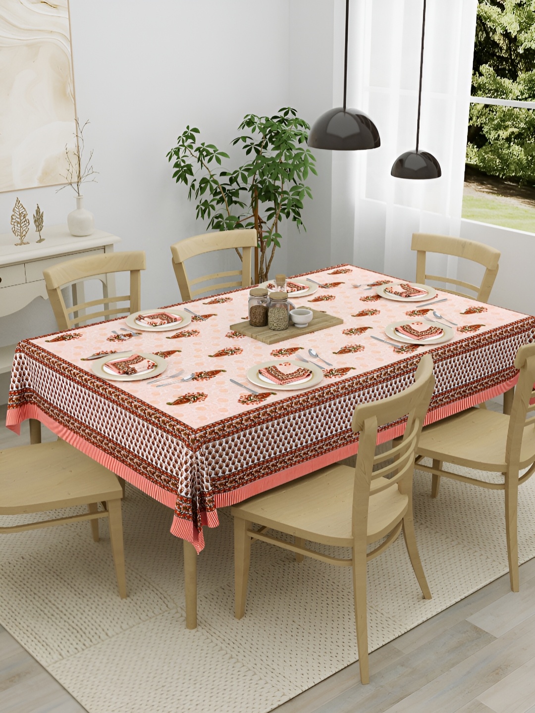 

Salona Bichona Pink & Red 7 Pieces Ethnic Motifs Printed Pure Cotton Table Linen Sets