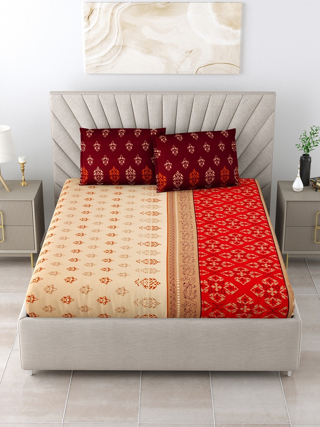 

Salona Bichona Beige & Red Ethnic Motifs Cotton 120 TC Queen Bedsheet with 2 Pillow Covers