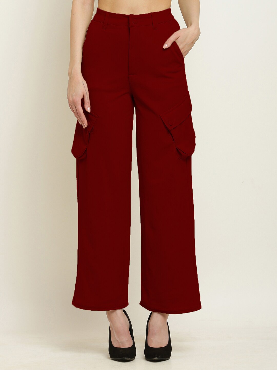 

BAESD Women Non Iron Relaxed High-Rise Organic Cotton Cargos, Maroon