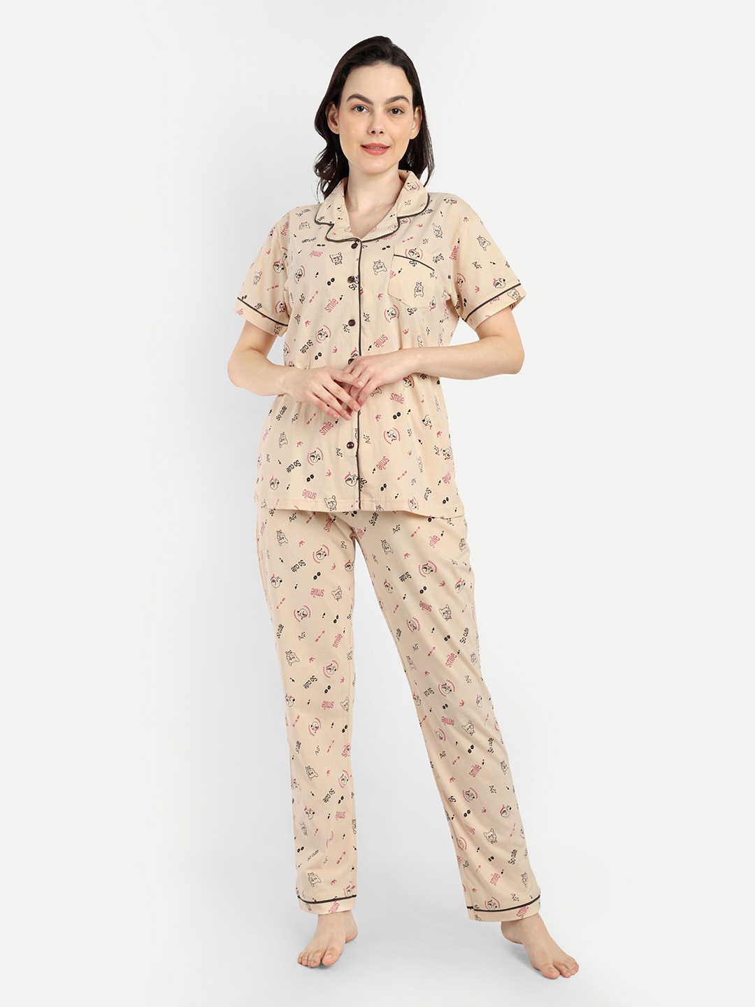 

Bedtime story Printed Pure Cotton Night suit, Beige