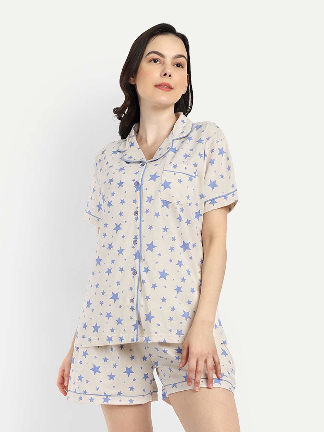 

Bedtime story Printed Pure Cotton Night suit, Off white