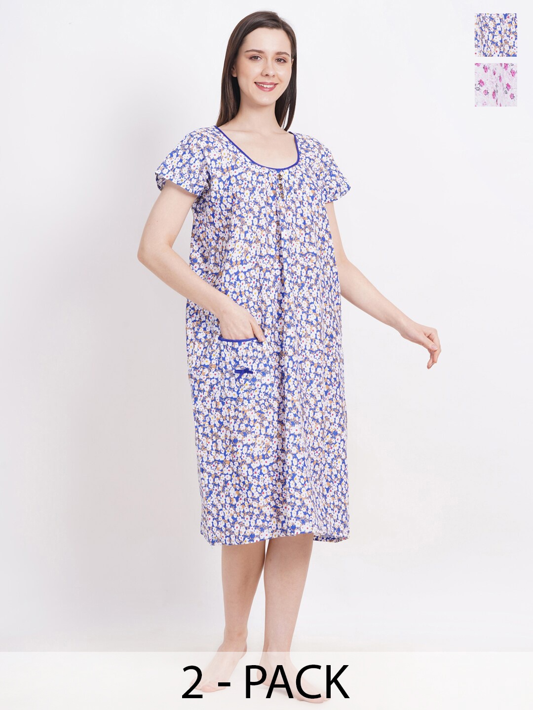 

Breezly Pack Of 2 Floral Printed Pure Cotton Nightdress, Blue