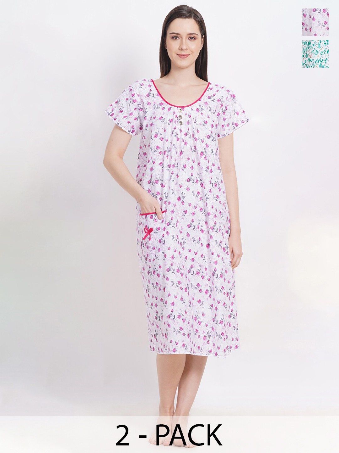 

Breezly Pack Of 2 Floral Printed Pure Cotton Nightdress, Pink