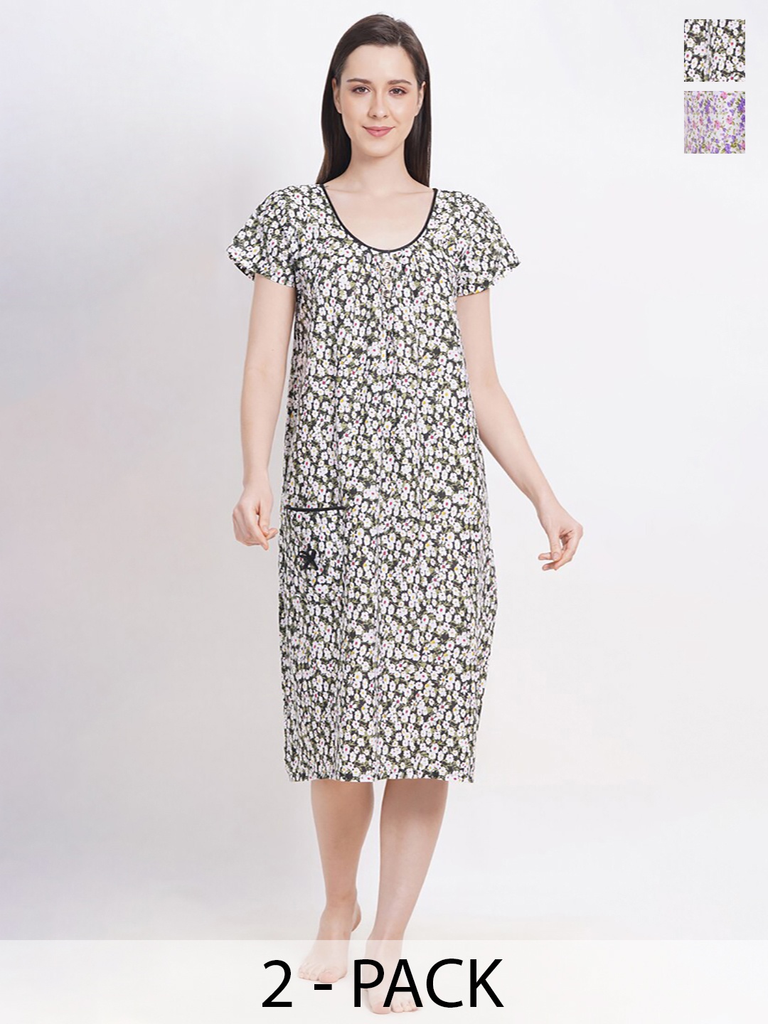 

Breezly Pack of 2 Floral Printed Pure Cotton Midi Nightdress, White
