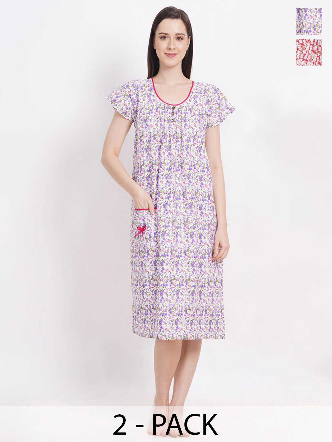 

Breezly Pack of 2 Floral Printed Pure Cotton Midi Nightdress, White