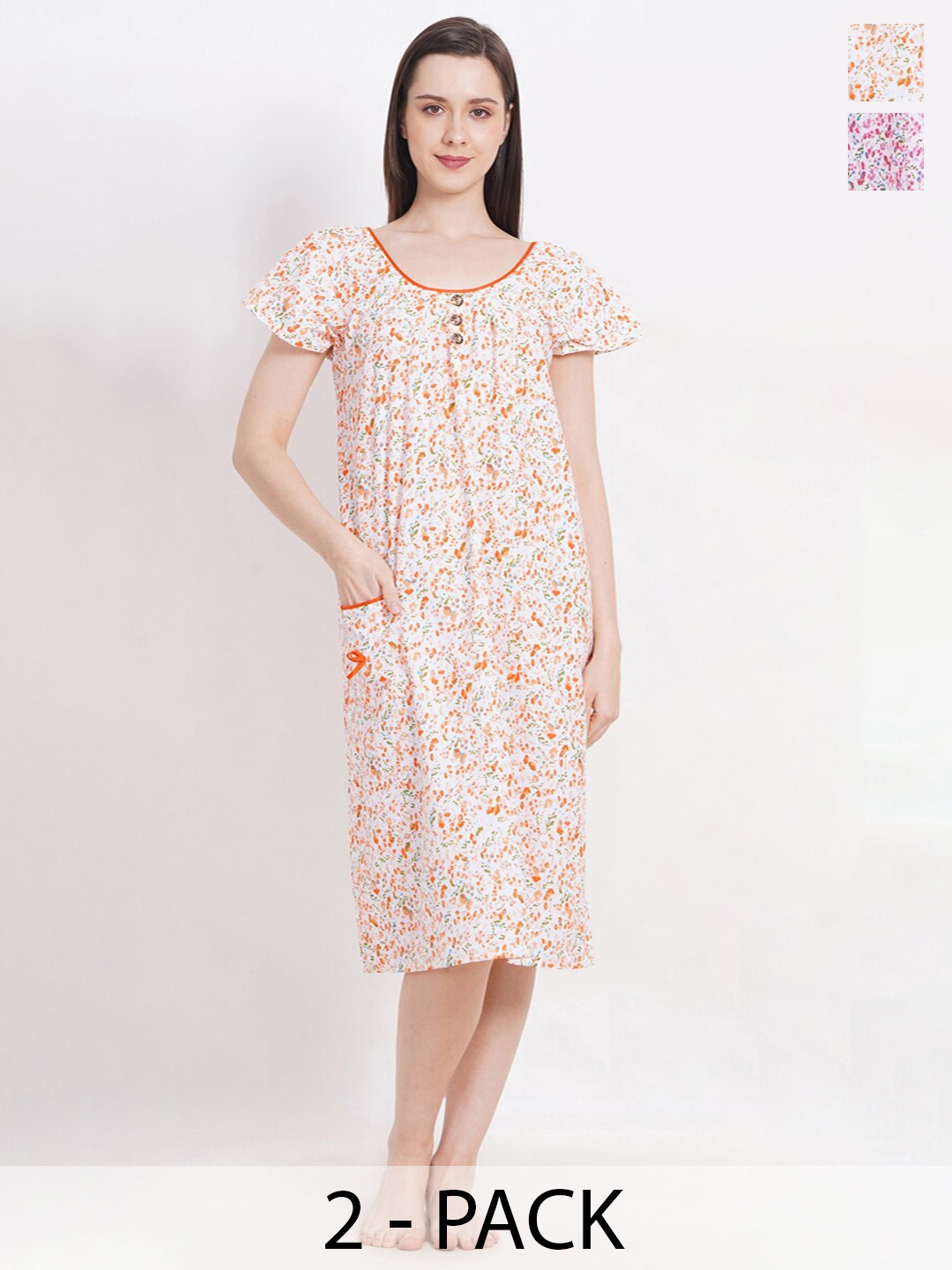 

Breezly Pack of 2 Floral Printed Pure Cotton Midi Nightdress, White