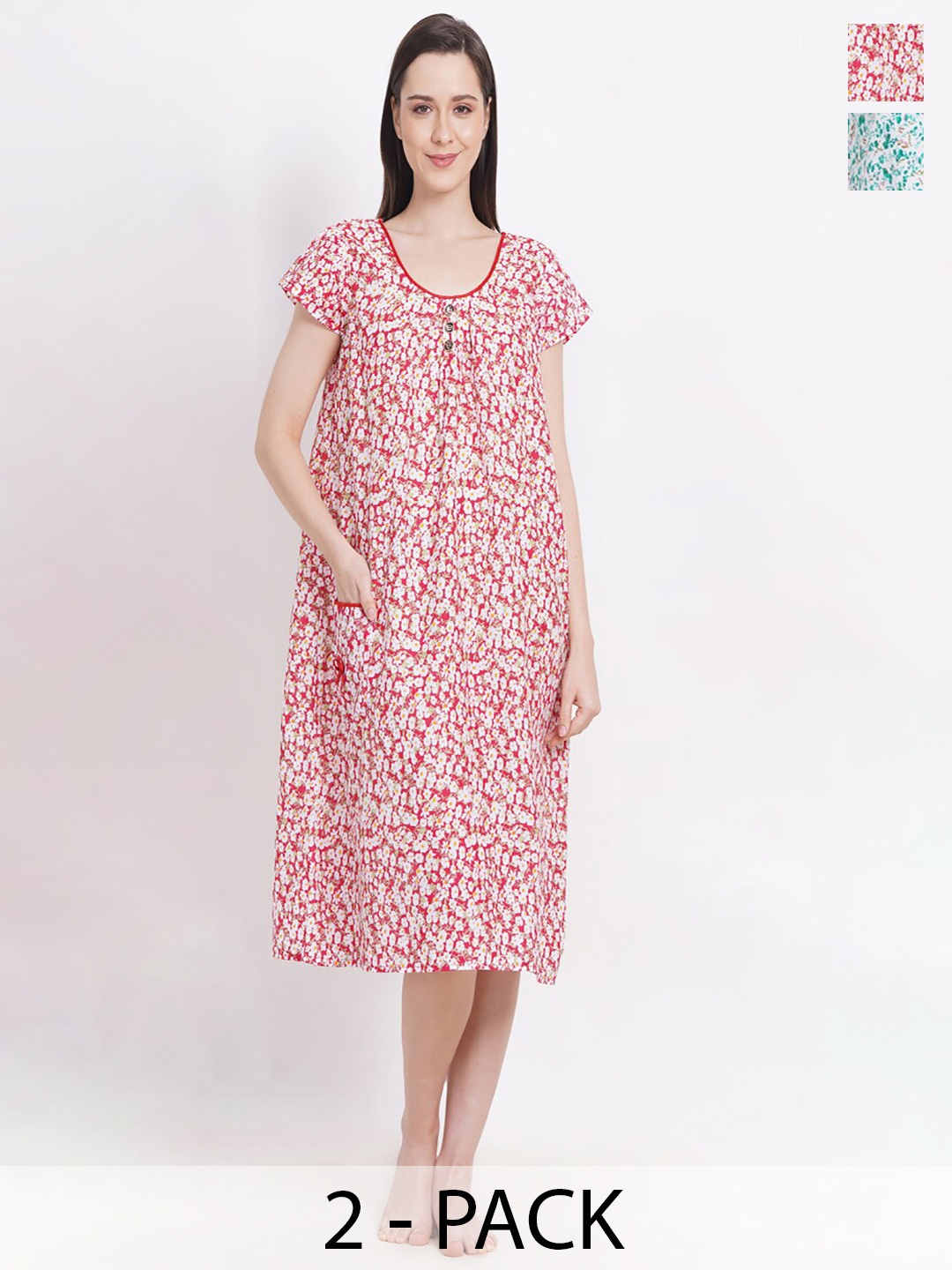 

Breezly Pack of 2 Floral Printed Pure Cotton Midi Nightdress, White