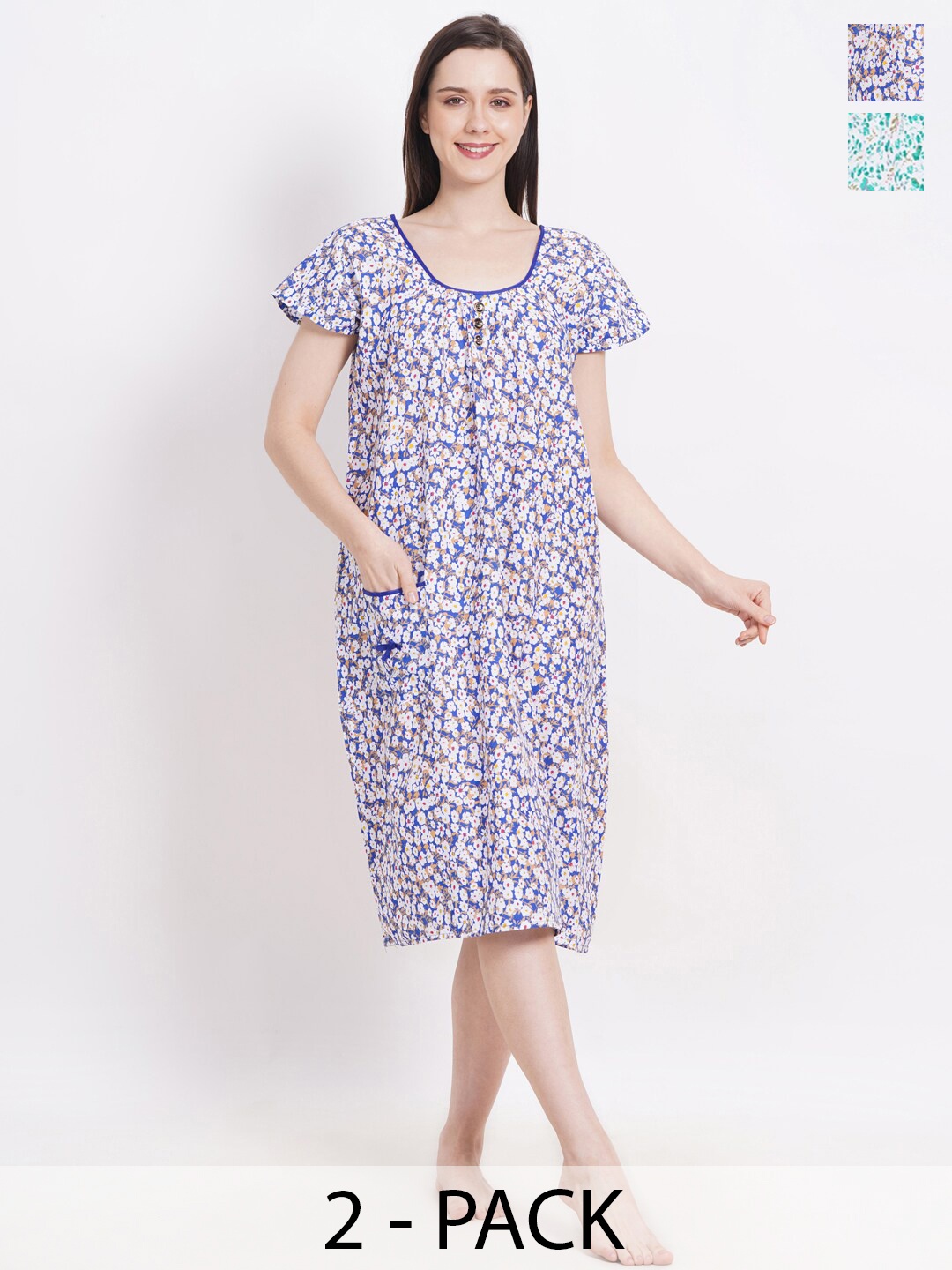 

Breezly Pack of 2 Floral Printed Pure Cotton Midi Nightdress, White