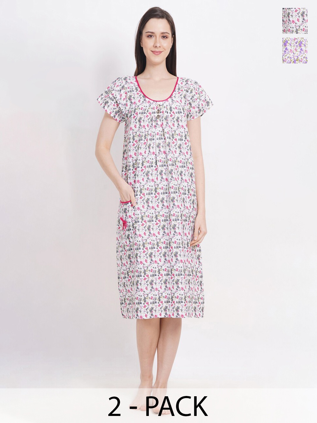 

Breezly Pack of 2 Floral Printed Pure Cotton Midi Nightdress, White