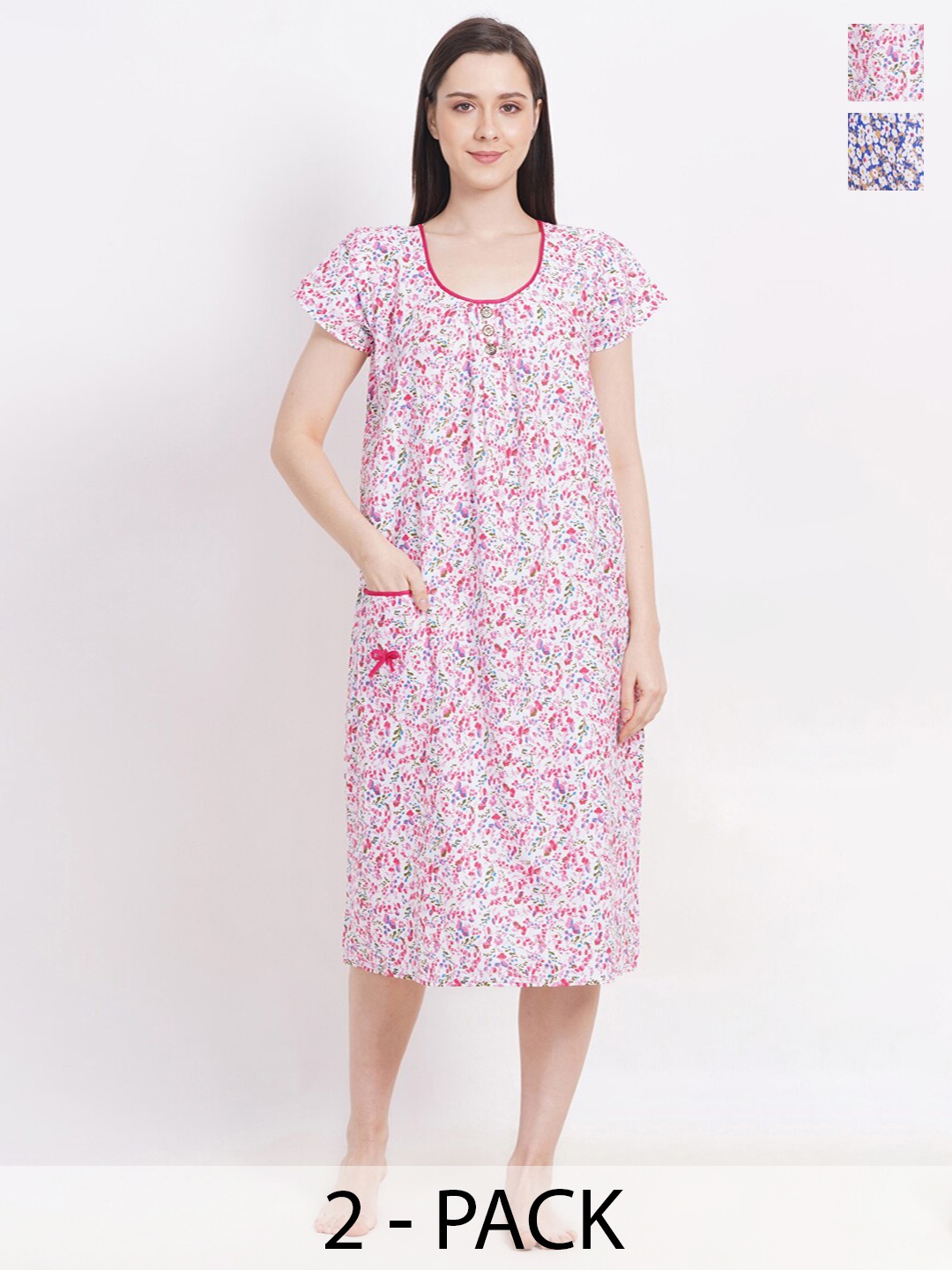 

Breezly Pack Of 2 Floral Printed Pure Cotton Nightdress, White