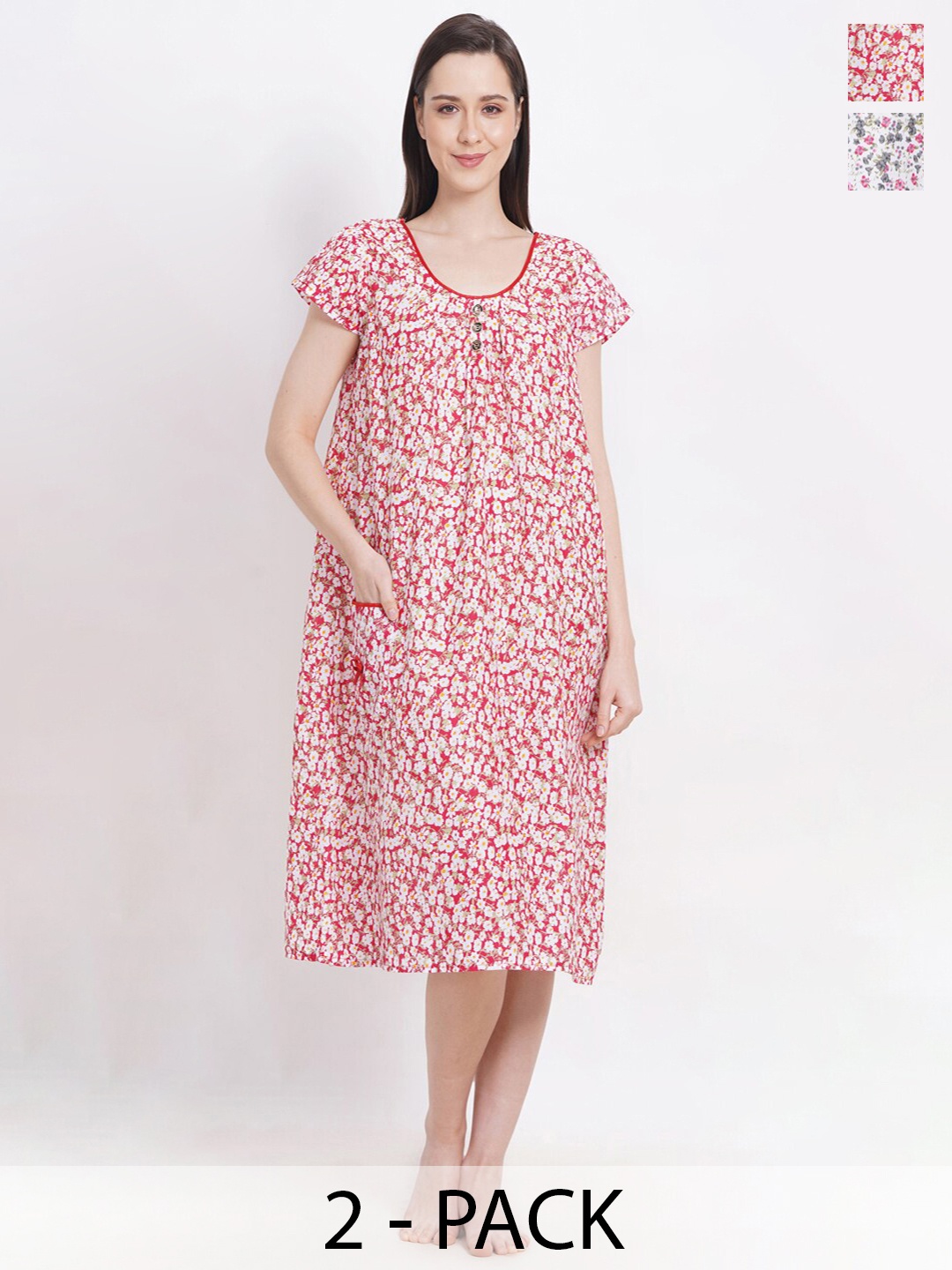 

Breezly Pack Of 2 Floral Printed Pure Cotton Nightdress, Red