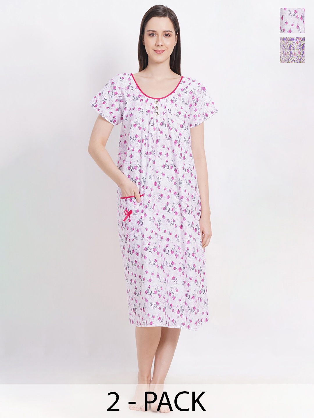 

Breezly Pack Of 2 Floral Printed Pure Cotton Nightdress, Blue