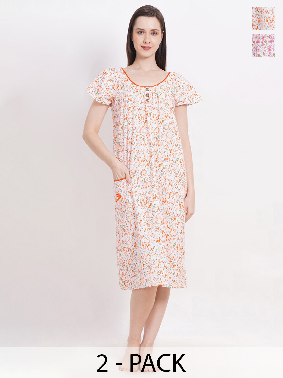 

Breezly Pack Of 2 Floral Printed Pure Cotton Nightdress, Orange
